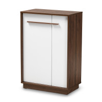 Baxton Studio LV3SC3150WI-Columbia/White-Shoe Cabinet Mette Mid-Century Modern Two-Tone White and Walnut Finished 5-Shelf Wood Entryway Shoe Cabinet